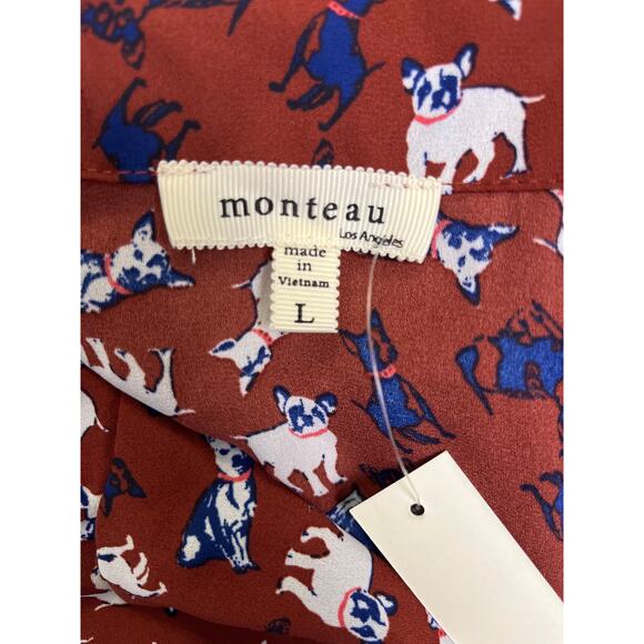 Monteau Dog Print Tie Front Blouse Rust Red Size L NWT - Picture 2 of 8